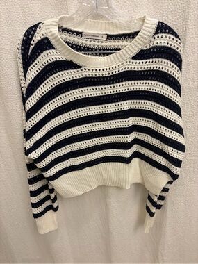 moon & madison Navy and White Striped Open-Knit Crewneck Sweater